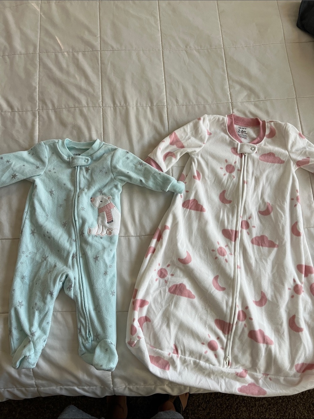 Carter's White Sleep Sack with Pink Cloud & Moon Print & Mint Polar Bear footie